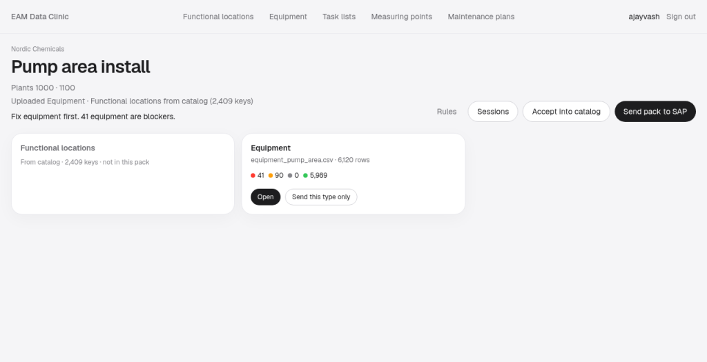 Session overview with Equipment card and muted Functional locations from catalog
