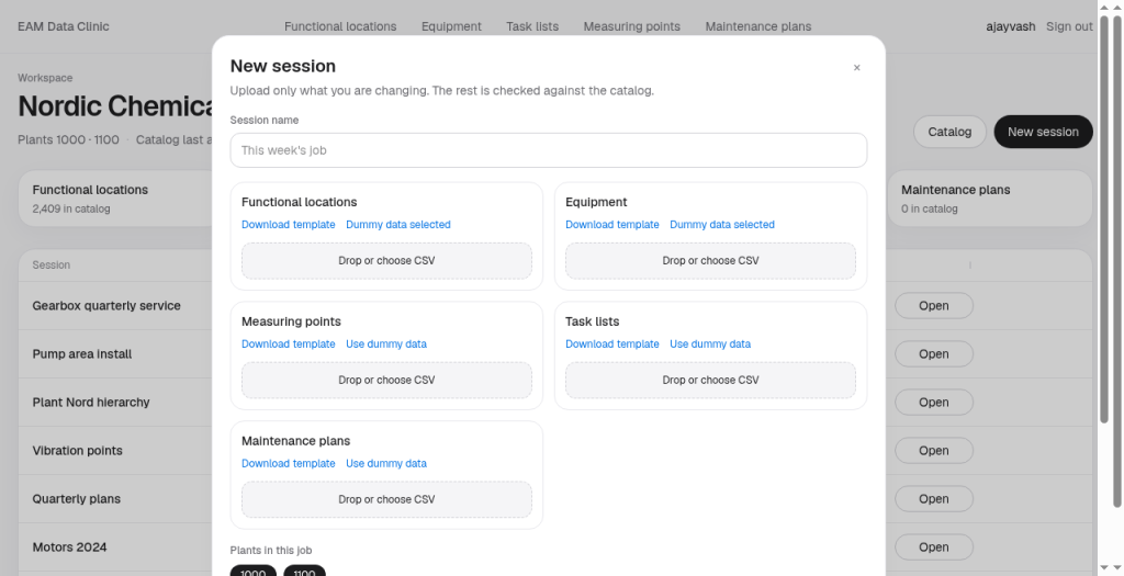 New session dialog with CSV drop zones for Functional locations, Equipment, Measuring points, Task lists, Maintenance plans
